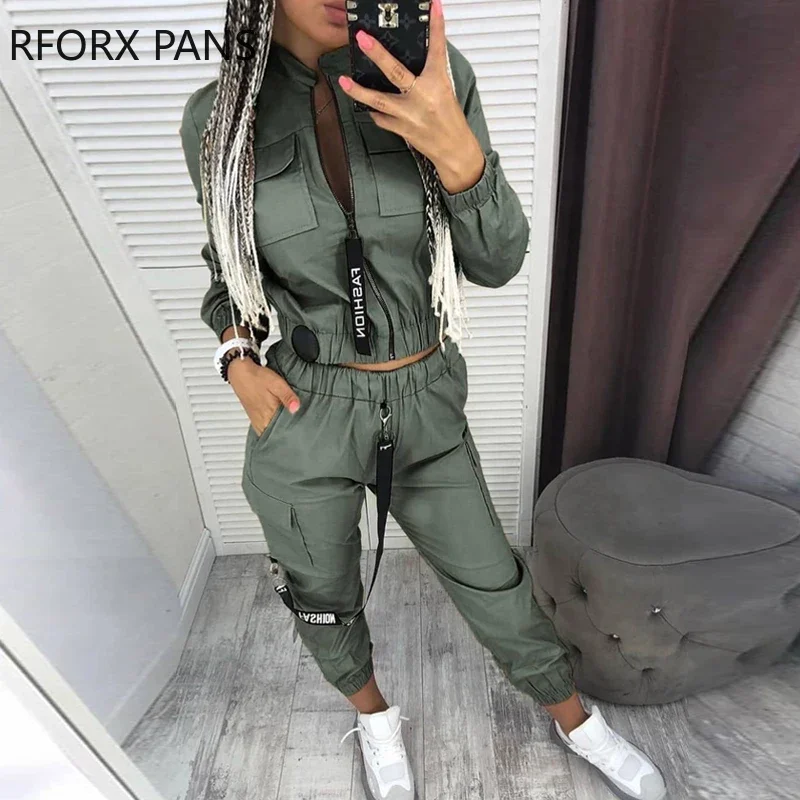 Women Soild Pockets Zipper Design Ruched Coat & Cargo Pants Sets Casual Women Sets