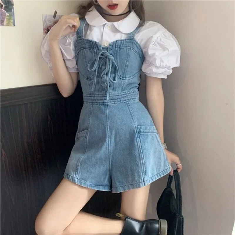 Rompers Women Bandage Girl Denim Sweet College Fresh Stylish Ulzzang Summer New Arrival Chic High Waist Trendy Casual Daily Hot