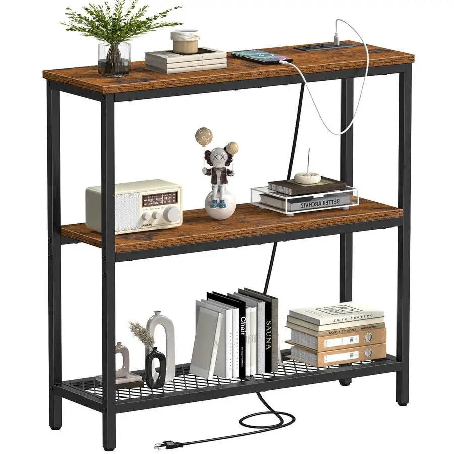 

Console Table with Power Outlets, Entryway Table with Storage, Narrow Sofa Table with 3 Tier Shelves, 2 USB Ports, 2 Power Outl