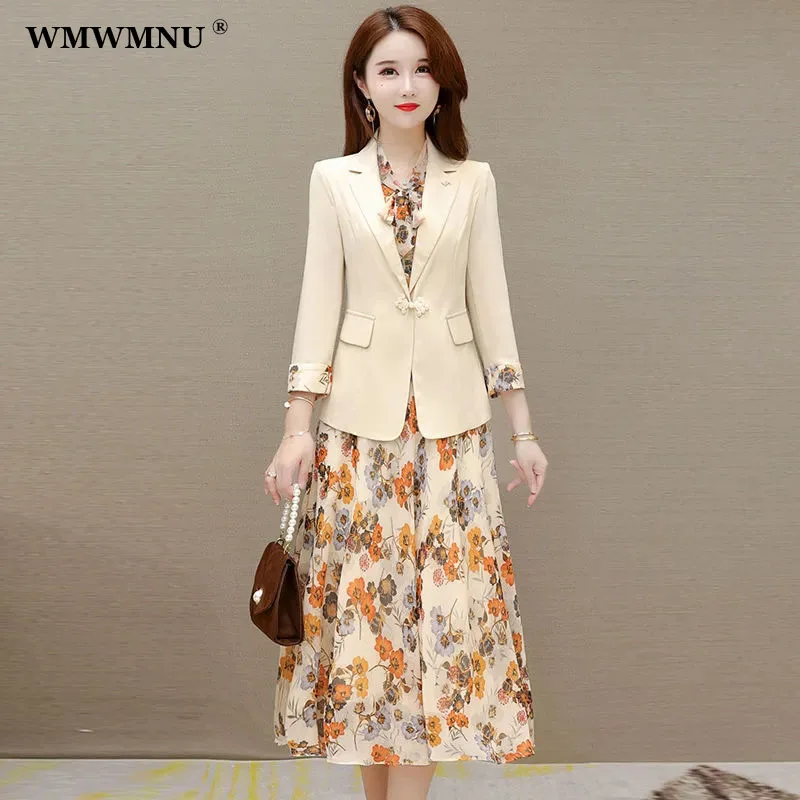 

Elegant Formal Blazer Dress Suits Women Chic 2 Piece Set Casual Thin Suit Jacket + Sleeveless Midi Floral Dresses Vestido Trajes