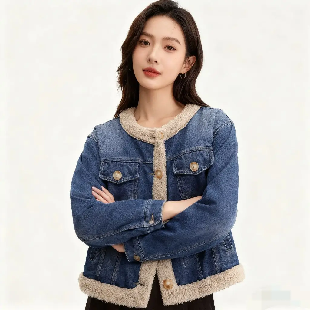 

Джинсовое пальто в стиле хип-хоп, меховое плюшевое женское зимнее облегающее пальто, новая китайская минималистичная стеганая куртка на пуговицах для городских путешествий с капюшоном из софтшелла