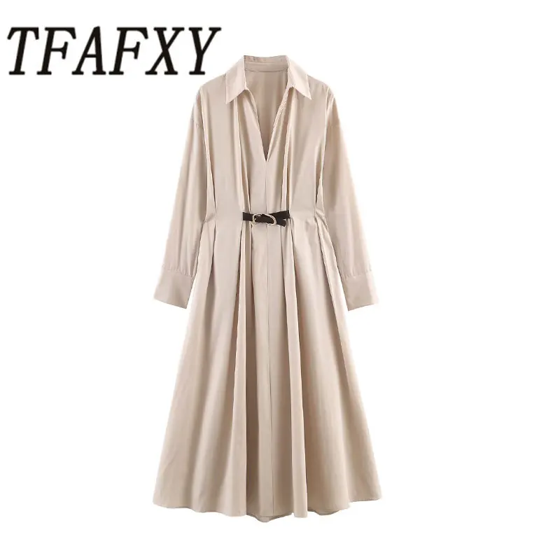 TFAFXY Modisches Damen-Freizeithemdkleid 2026 Frühling Langarm V-Ausschnitt A-Linie Midikleid mit Gürtel Büro-Langkleid