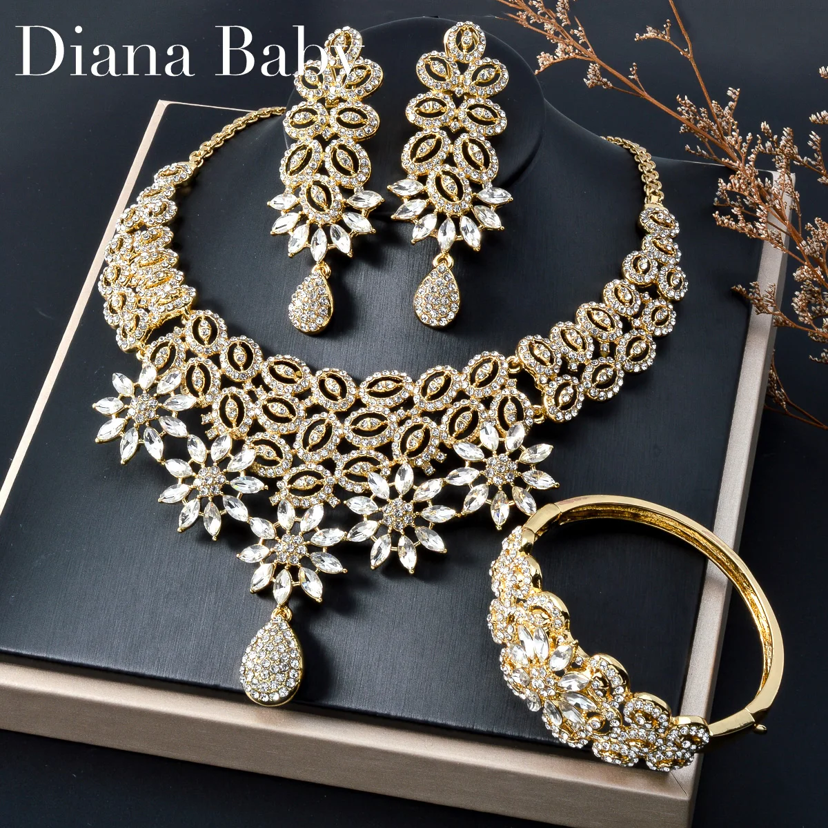

Fashion jewelry Dubai Bohemia Zircon 14k Gold Plated bracelet ring necklace earring Wedding Bride jewelry Sets For Women