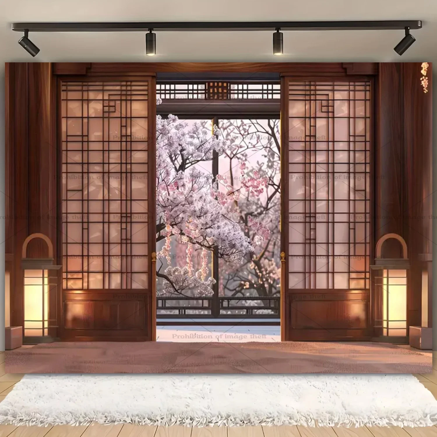 

Cherry Blossom Japanese Landscape Theme Background Sunshine Pink Flower Moonlight Night Mount Fuji Rivers Poster Banner Decor