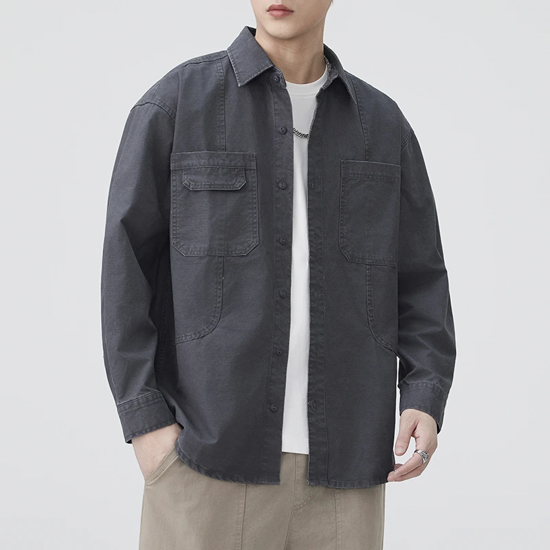 Pure Cotton Long Sleeve Cargo Shirt Men Japanese Streetwear Fashion Loose Casual Techwear Shirts Blouses Cardigan Coat