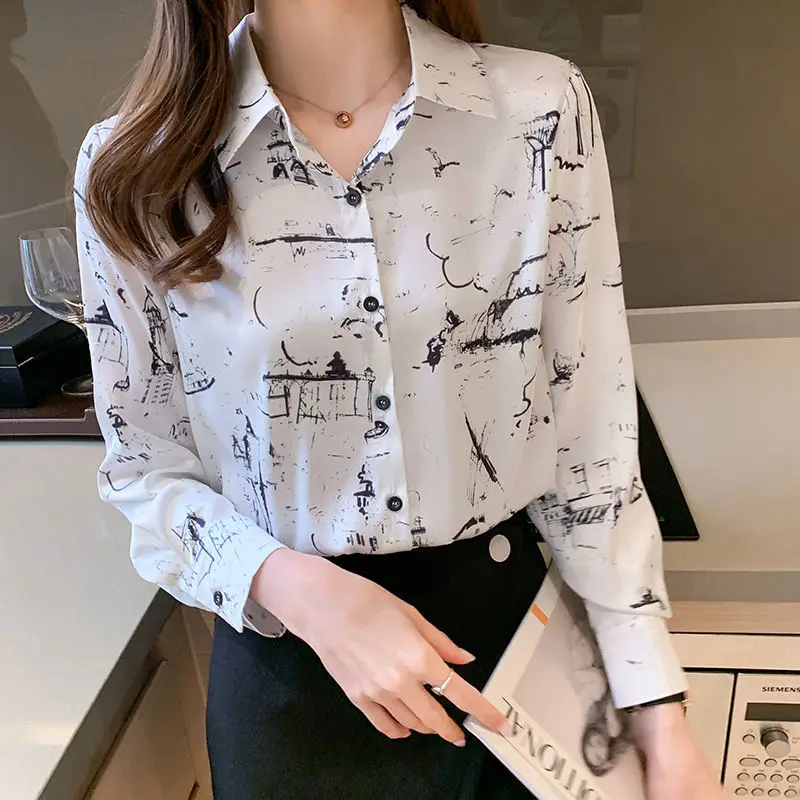 Vintage Fashion Printing Single-breasted Blouse Women New Long Sleeve Turn-down Collar All-match Temperament Chiffon Shirt 2022