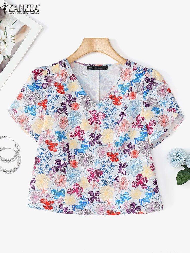 

ZANZEA Women Blouse 2025 Summer Short Puff Sleeve Shirts V-Neck Casual Blusas Bohemian Floral Print Tunic Holiday Beach Tops