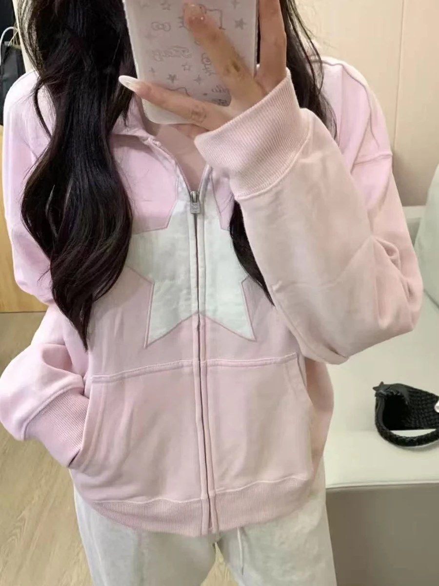 Sudadera con capucha y cremallera rosa con gráfico de estrellas para mujer, sudaderas con capucha de algodón de manga larga con bolsillo y cremallera, chaqueta holgada informal dulce para otoño