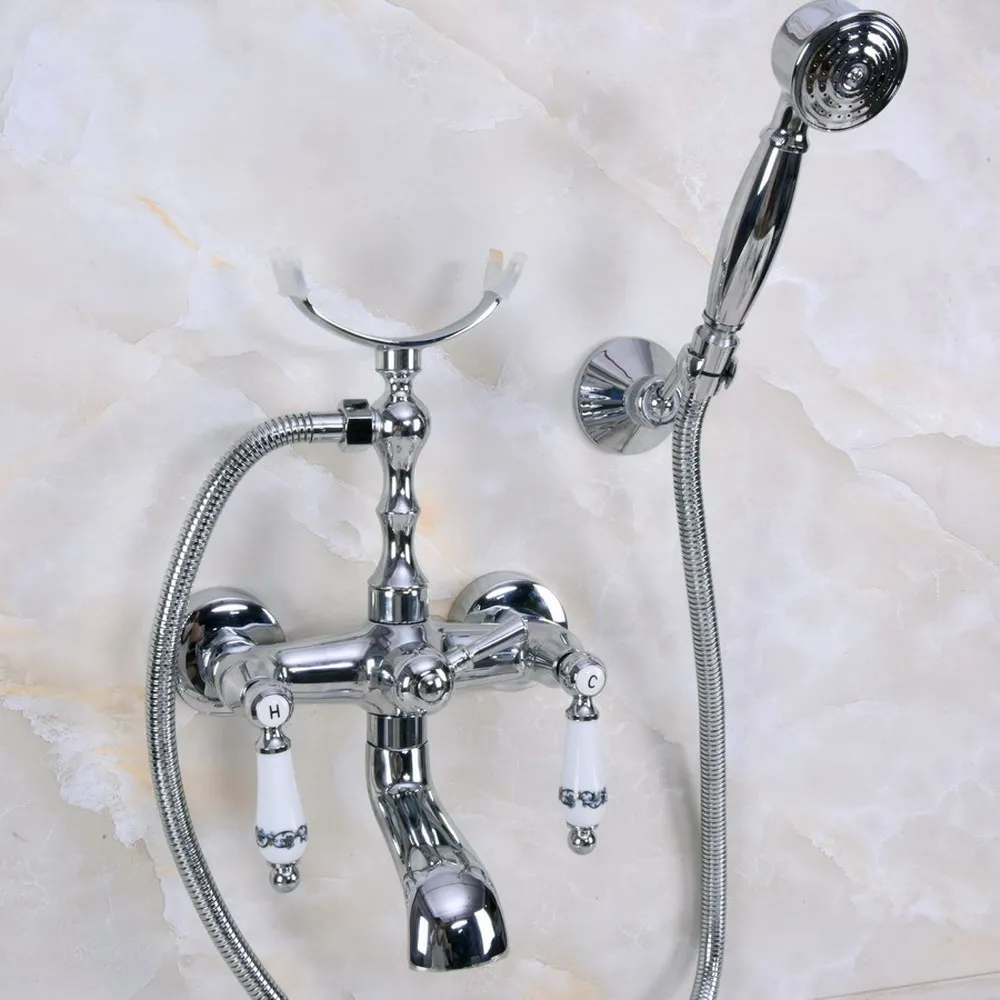 

Polished Chrome Wall Mount Tub Faucet with Handshower Telephone Style Wall Mount Dual Handles Bathtub Sink Mixer Taps