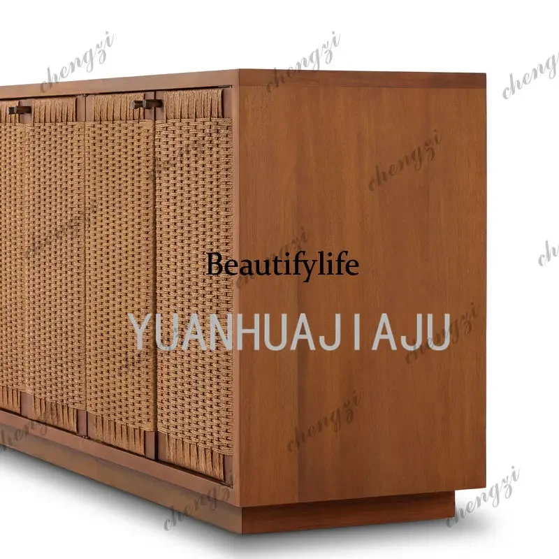 C178French retro solid wood rope woven dining side cabinet, antique living room decoration storage cabinet, ash wood TV cabinet view 4