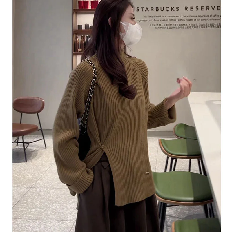 Maglione lavorato a maglia a mezzo collo alto a righe viola per donna Autunno e inverno Top dimagrante in vita con spacco laterale e orlo stile moda