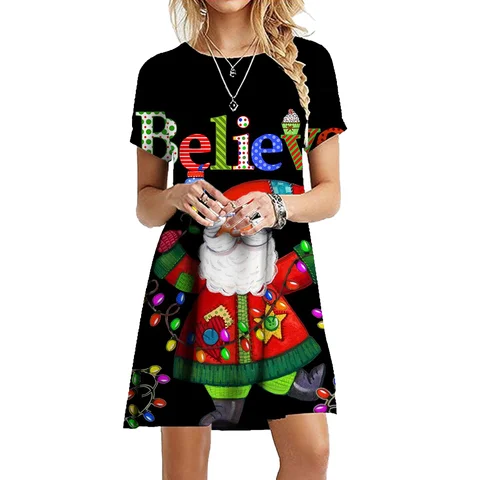 Röd jultomteklänning för kvinnor 2022 julklänning i snöflingemönster mode kortärmad klänning lös casual överdimensionerade kläder 10 best sales svart jultomteklänning - №2