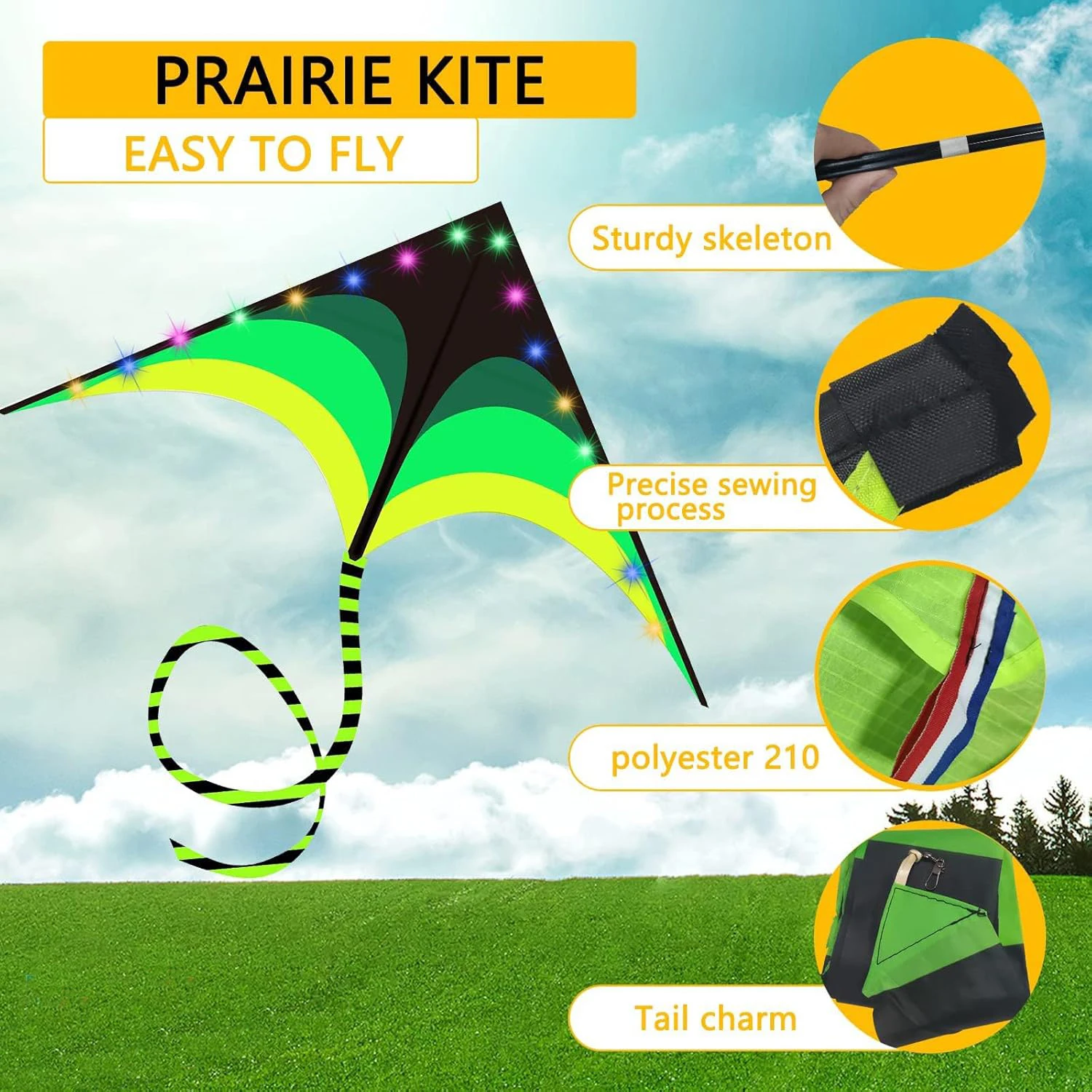 Outdoor Fun Sports New Arrive 1.2m  LED Green Triangle Kites With Tail / Handle & Line Good Flying