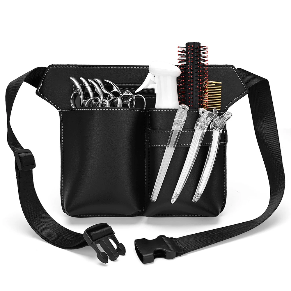 Professional hairstylist\'s hair cutting tool storage bag, fashionable leather waist and shoulder bag, electric push cut bag