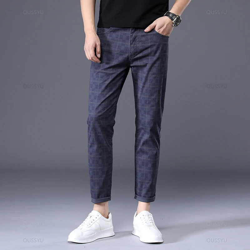 Lente Zomer Merk Kleding Geruit Enkel Lengte Broek Mannen 98% Katoen Klassiekers Retro Business Banket Party Casual Broek Man