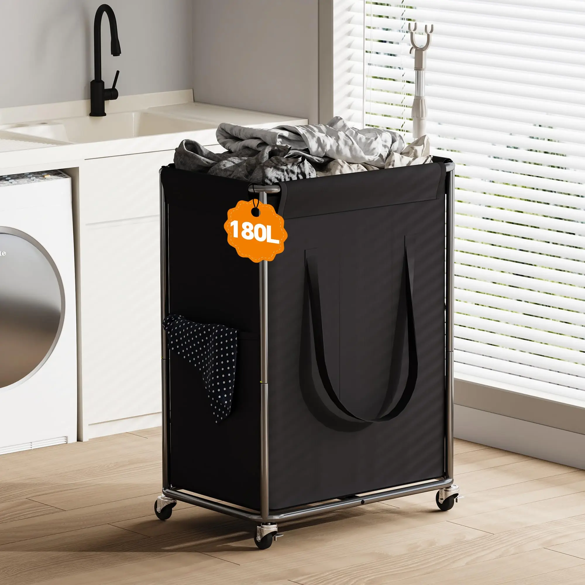 

180L Black Mobile Laundry Sorter With Stainless Steel Frame And Washable Removable Liner For Utility Room Or Bedroom