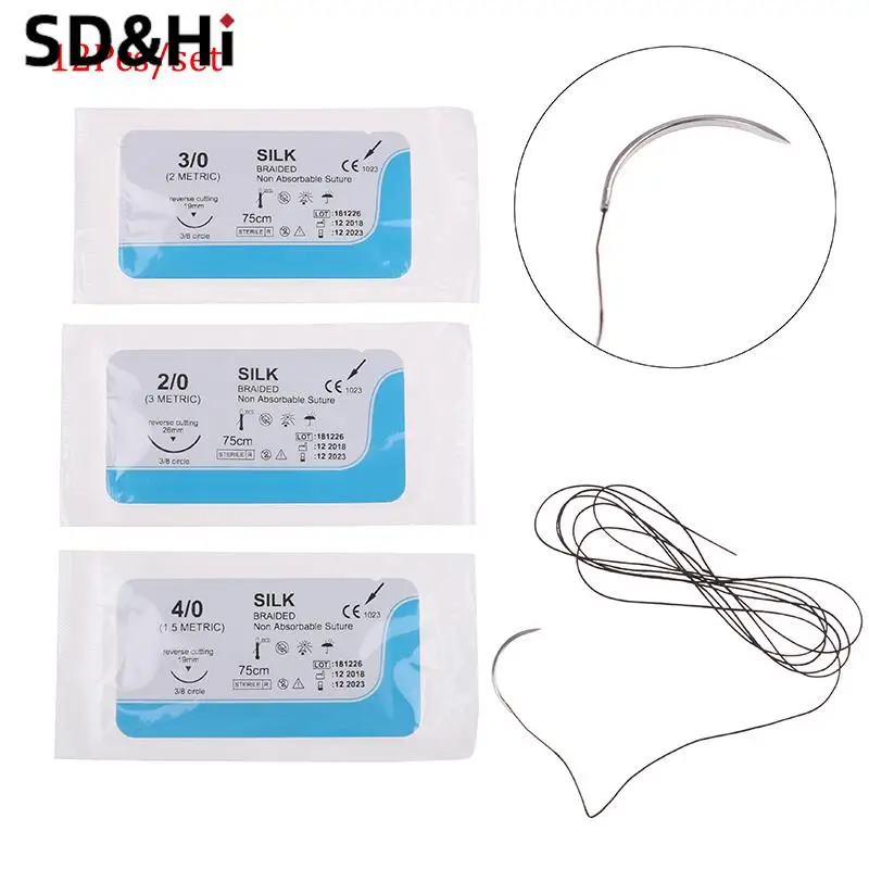 12PCS 75cm 2/0 3/0 4/0 Dental Surgical Needle Silk Medical Thread  Suture Surgical Practice Kit