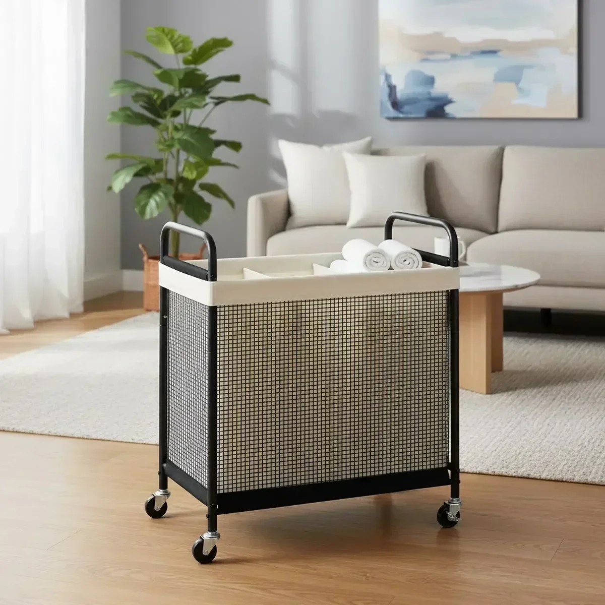 Large 3-Section Rolling Laundry Cart Removable Bag Beige Clothes Sorter Organizer