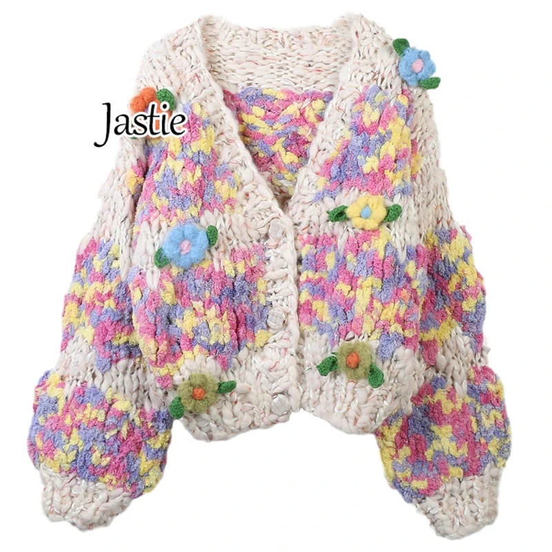 Jastie Retro Sweater Autumn And Winter New Women Cardigan Sweater Colorful Handmade Flowers V-Neck Long Sleeve Loose Knitted Top