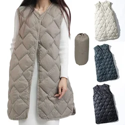 Women Autumn Down Vests 2023 New Ultralight 90% White Duck Down Long Jackets Collarless Puffer Liner Portable Winter Waistcoats