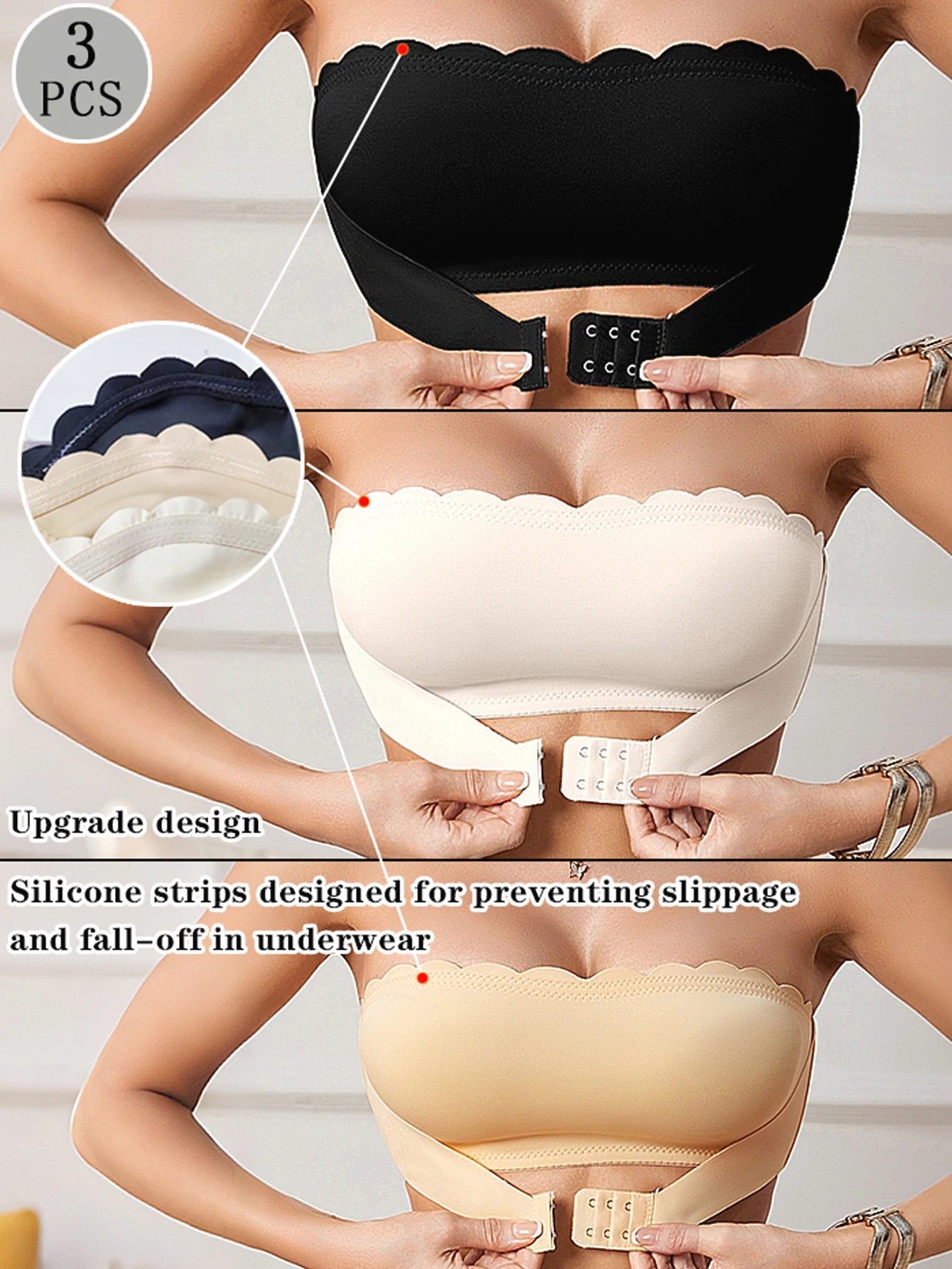 3-Pack Bra Bandeau Wanita Tanpa Tali Tanpa Bantalan Tanpa Jahitan dengan Penutup Depan Push-Up Tak Terlihat Minimizer