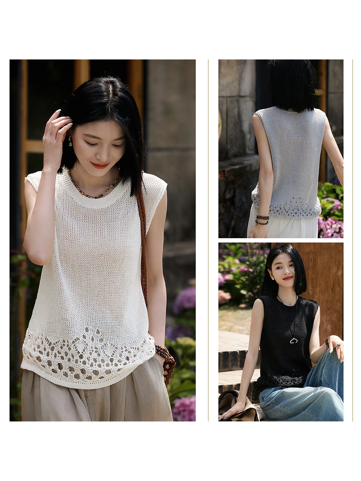

XiaoCanglan Knitted Paper Silk round Ne Svel Hole Piing Flower Design Loose Fit Summer Thin OL Sle Pure Color Wom...