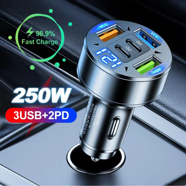 Ładowarka samochodowa 250 W z 5 portami Szybkie ładowanie PD QC3.0 USB C Ładowarka samochodowa z napięciem do iPhone Samsung Huawei Xiaomi