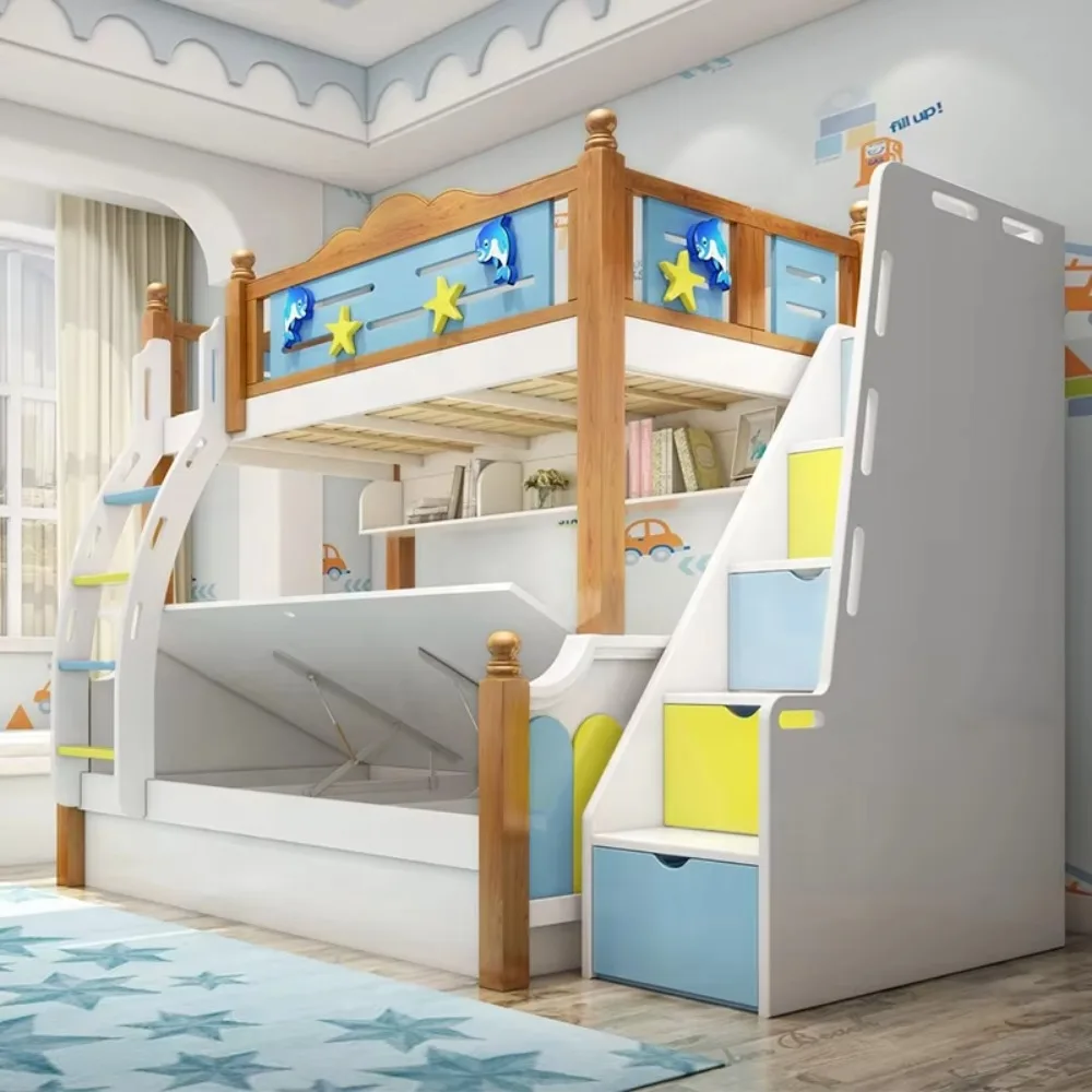 سرير خشبي للأطفال بطابقين للأولاد مع مجموعات سرير أثاث ملونة للأطفال