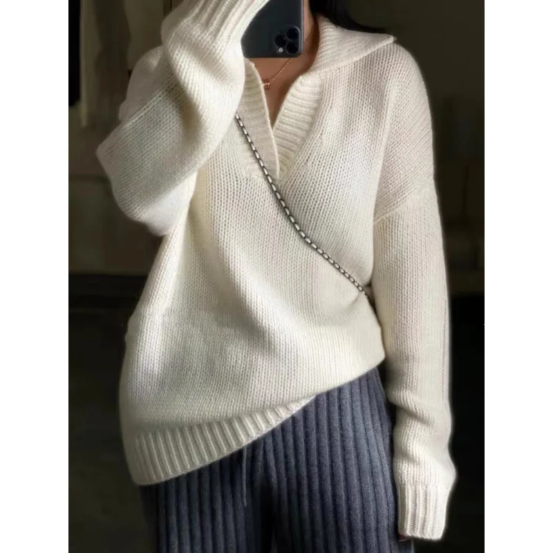 Fashion Polo Collar 100% Pure Wool Sweater For Women's AutumnWinter Thick Solid Color Casual Loose Fit Pullover Knit Jumper Top