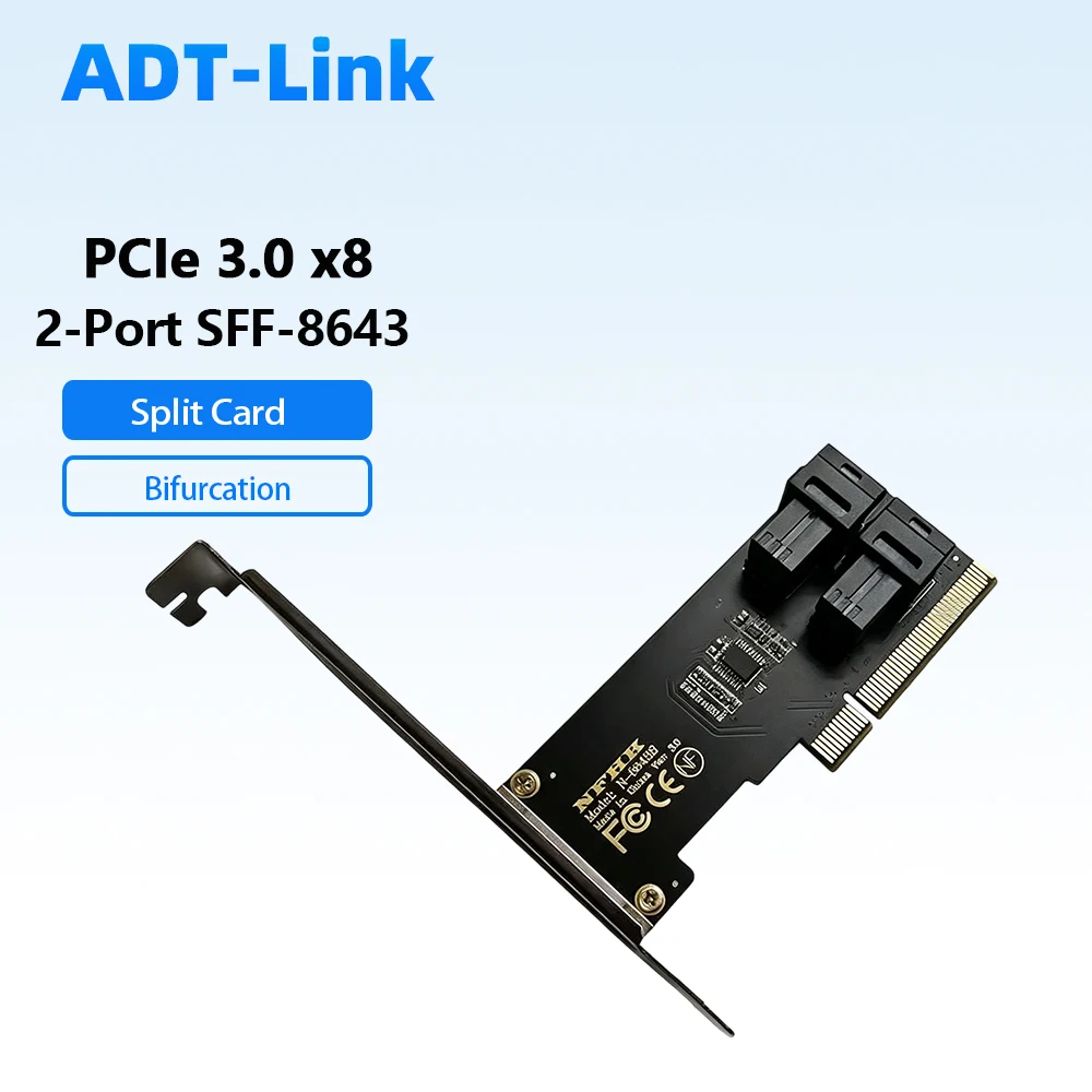 PCIe 3.0 X8 To 2‑Port SFF‑8643 Card Bifurcation Split for U.2 SFF‑8639 NVMe SSD No‑Chip Pass‑Through Adapter Server Workstation