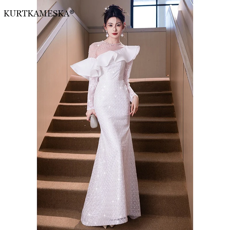 Elegant O-Neck Mermaid Wedding Dresses For women Long Sleeves Bridal Gown Pearl Decoration Bride Dress Wedding Shoot Maxi Dress