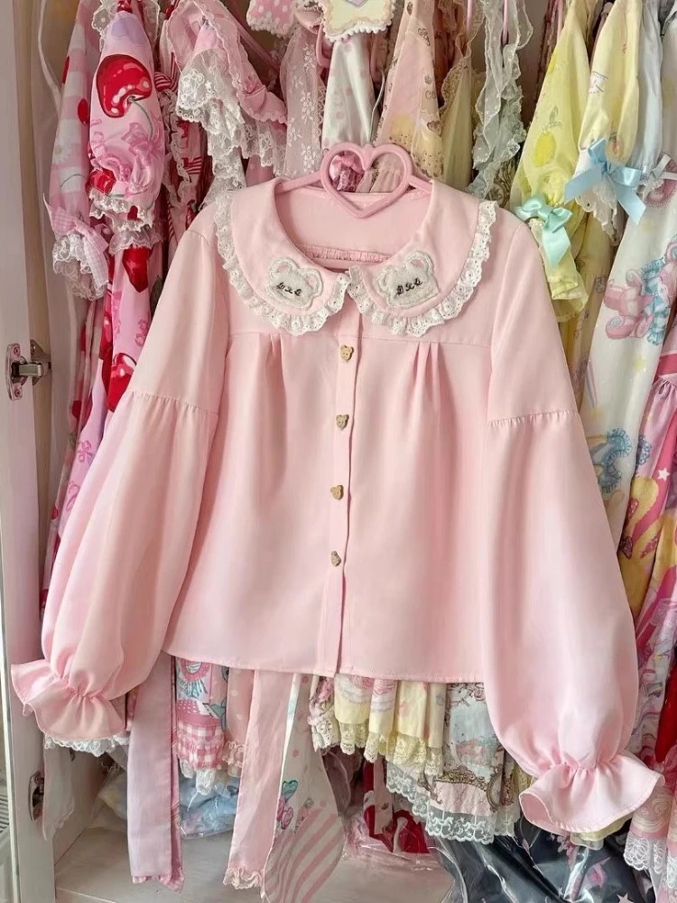 اليابانية Kawaii تي شيرت الفتيات النساء تيز أبلى كم Harajuku تي شيرت لطيف طويل الأكمام لوليتا قميص تنوعا بلايز عادية