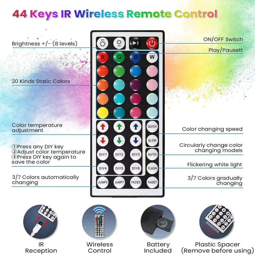 リモコン付きUSB LEDストリップライト,Bluetoothアプリケーション,バックライト,家庭,寝室,パーティーの装飾,テレビ,24キー,44キー,5m-20m