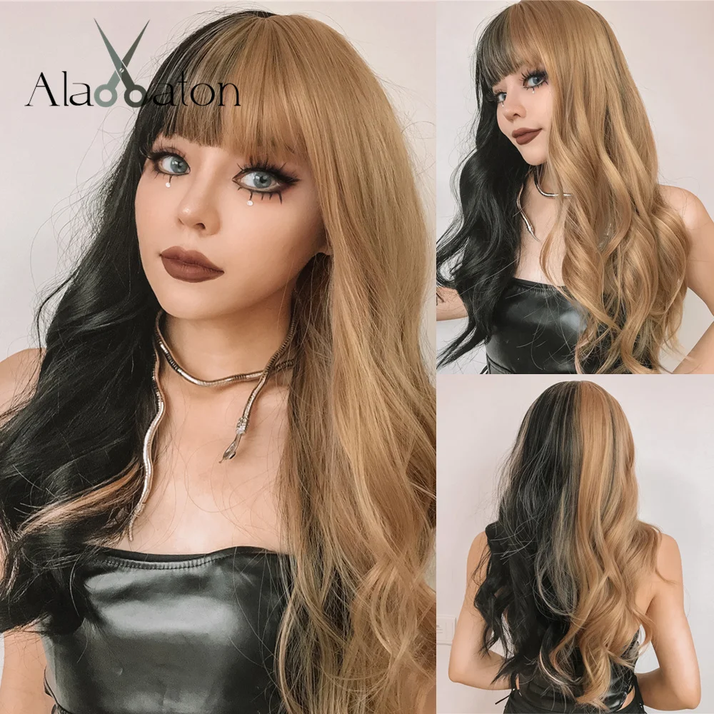 ALAN EATON Cosplay Wigs Black Half Blonde Synthetic Bangs Wigs Wavy Long Split Wigs for Women Party Daily Use Heat Resistant