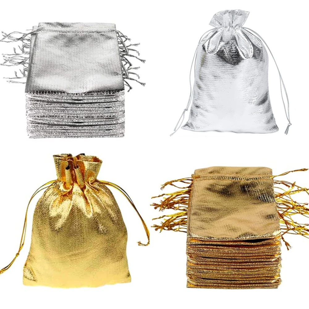 50pcs Jewelry Packing Fabric Bag Gold Color Foil Cloth Drawstring Gift Packaging Bags 7x9cm 9x12cm Wedding Gift Storage Pouches