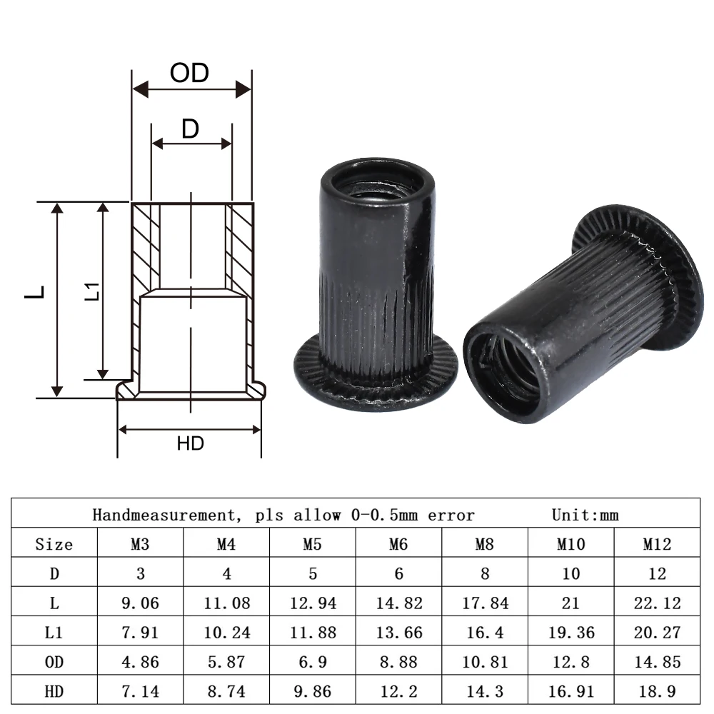 5-50pcs Flat Rivet Nut M3 M4 M5 M6 M8 M10 M12 Black Carbon Steel Flat Head Threaded Rivet Insert Nutsert Cap Rivets Nuts