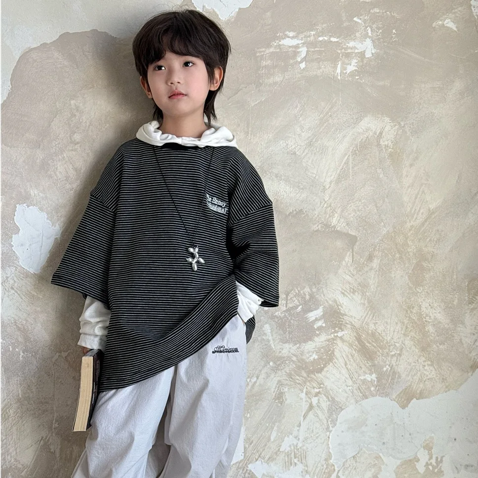 2025 Children's Clothing Spring Summer Collection Short Sleeves with Fine Stripes Loose Texture Fashion Short Sleeves