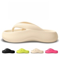 Women with shit flip-flops wear new thick-soled non-slip sandals and slippers with feet on the beach in summer.