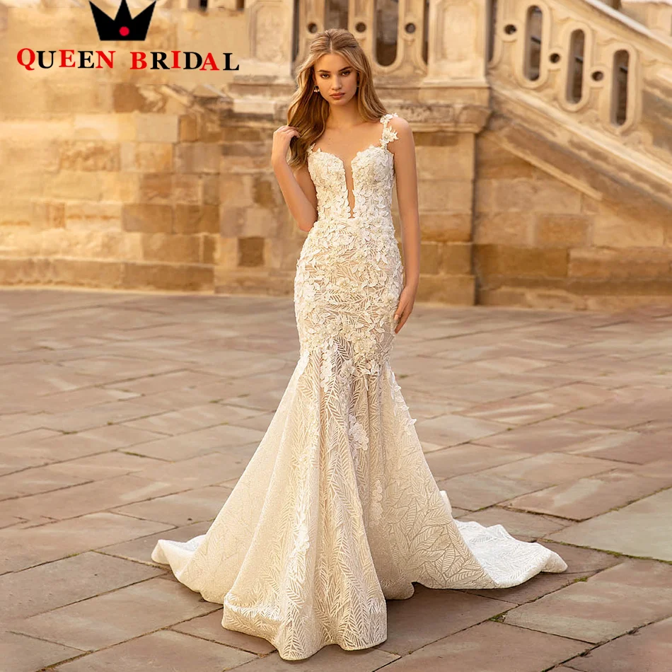 

Mermaid Delicate Beaded Crystal Appliques Wedding Dress 2023 Spaghetti Straps Backless Long Train Bridal Gown Custom QW15