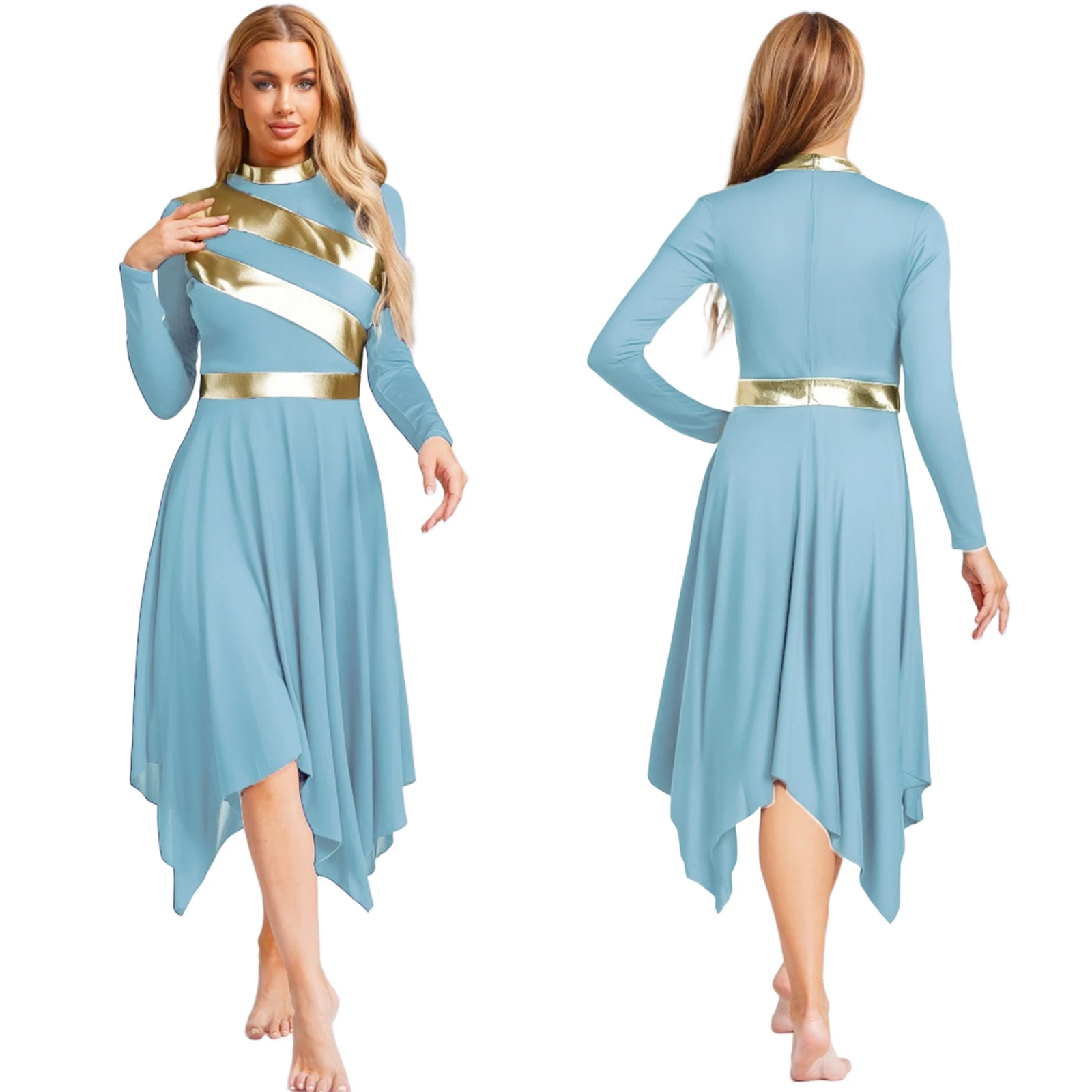 

Women Worship Praise Dress Long Sleeve Metallic Patchwork Tunic Irregular Hem Robe Dress for Liturgical Lyrical Dance Costume