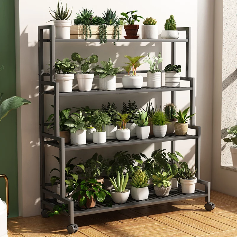 

Flower stand Balcony storage Multi-layer floor-to-ceiling wrought iron stand Indoor living room Mobile flower pot with wheels