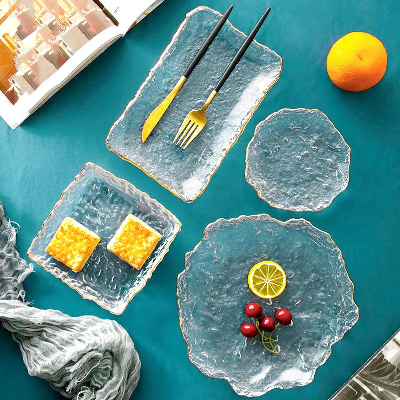 Japanese-style irregular hammer-eye pattern gold-rimmed glass plate creative ice dew plate fruit salad sushi tableware meal plat