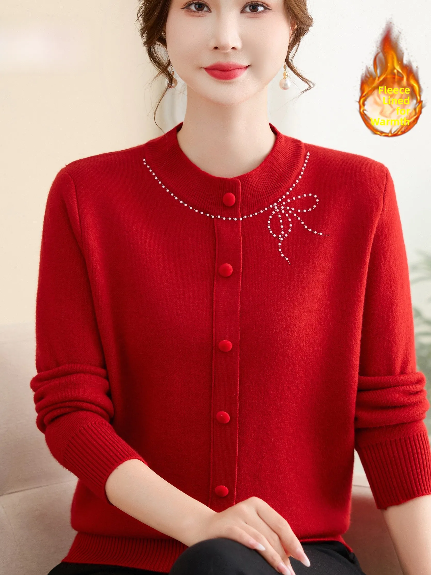 

Red Fleece-Lined Knitted Sweater Top Warm Comfortable Mid-Aged And Elderly Women's Fashion Casual Style Button Detail Autumn ...