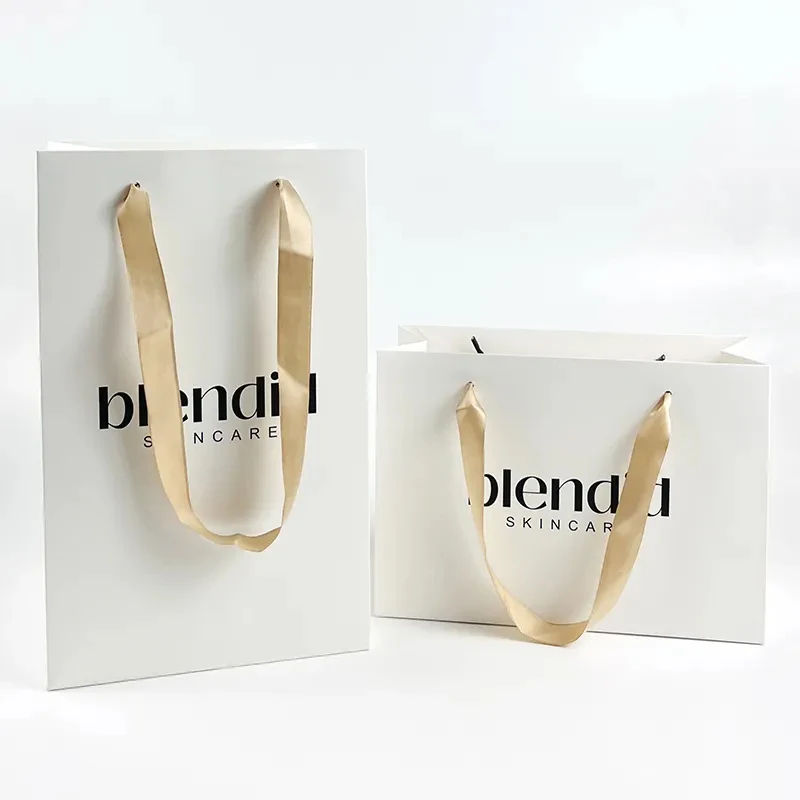 Custom Printed Paper Bags Cardboard Luxury White Kraft Paper Gift Bag With Ribbon Handle For Shopping Bag With Your Own Logo