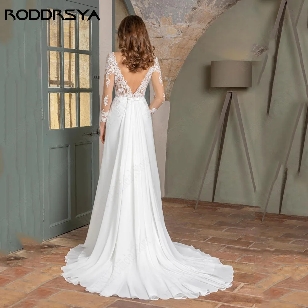 RODDRSYA Classic Wedding Dress 2024 Bride Long Sleeve A-Line Chiffon Bride Gown Backless Appliquesuknia ślubna z długim rękawem