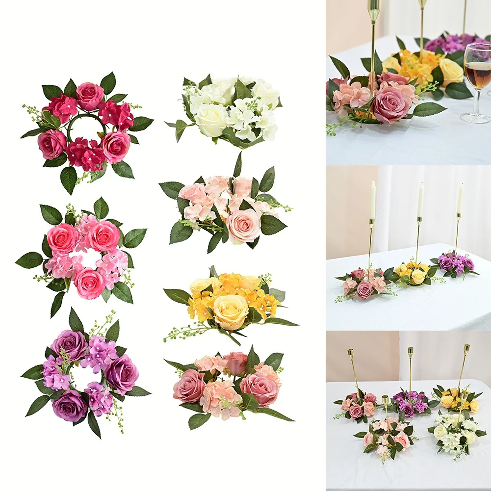 20CM Rose Candlestick Artificial Silk Flower Wreath For Candlestick Bouquet Home Christmas Party Wedding Dining Table Decoration