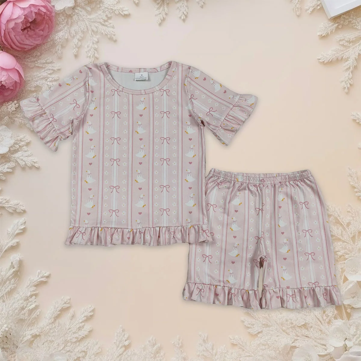 

Baby Girl Bow Gooses Stripe Top Ruffle Shorts Girls Pajamas Loungwear Sets Infant Toddler Clothes Children Clothing Wholesale