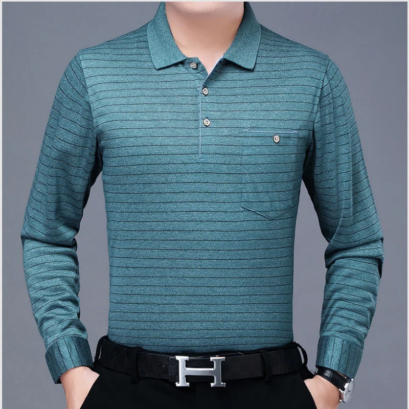 Fashion Men Clothing Long Sleeve Striped Polo Shirts Spring Autumn Business Casual Streetwear Korean New Loose Versatile Tops