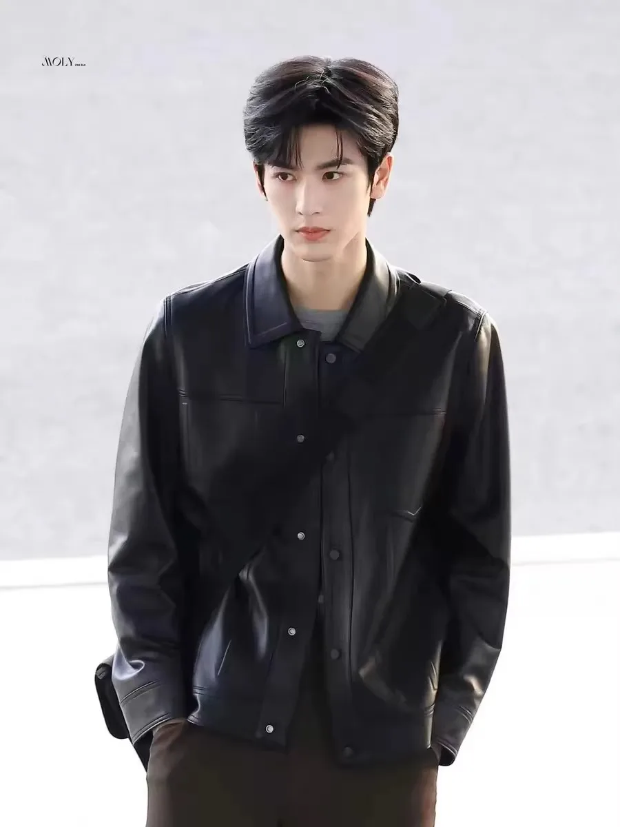 

Black Leather Jacket Men's Spring Autumn New Style EXJR Zhang Linghe Fashionable Biker Coat Long Sleeve Regular Fit Single Bu...
