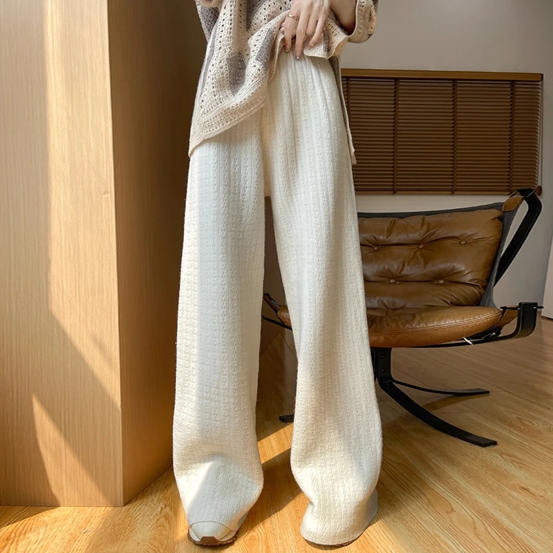 New Autumn/Winter Knitted 100% Wool Women's Pants Loose High Waist Wide Leg Pants Warm Hot Selling Women's Pants